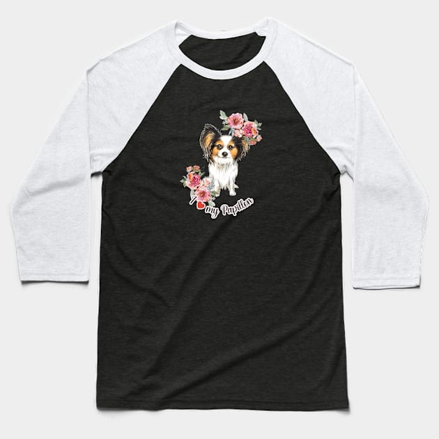 I Love My Papilllon Cute Yorkshire Terrier Puppy Watercolor Art Baseball T-Shirt by AdrianaHolmesArt